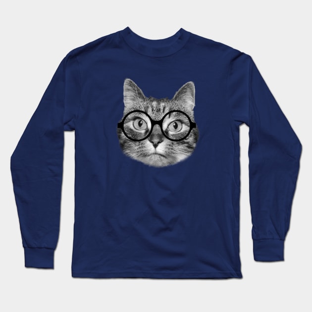 Cute nerdy cat wearing big round glasses Long Sleeve T-Shirt by Purrfect